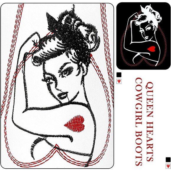 🆕Women White Faux Leather Mid Calf Cowboy with Queen of Hearts Embroidery Boots - Picture 5 of 8